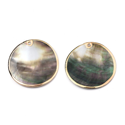 Natural Black Lip Shell Pendants, with Brass Edge, Flat Round