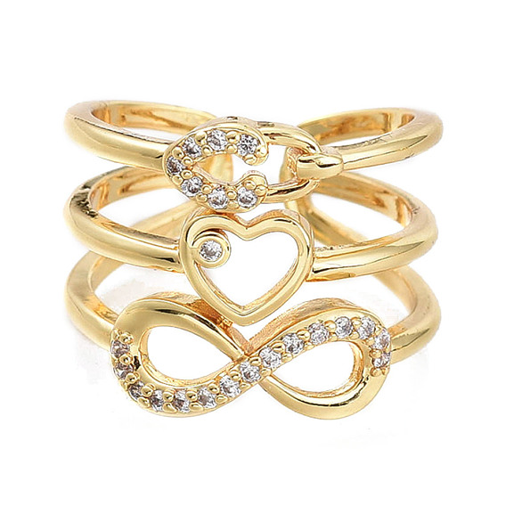 Adjustable Brass Micro Pave Clear Cubic Zirconia Cuff Rings, Open Rings, Wide Band Rings, Infinity, Heart, Lock