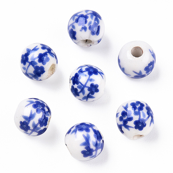 Cuentas de porcelana hechas a mano, porcelana azul y blanca, redondo con flor