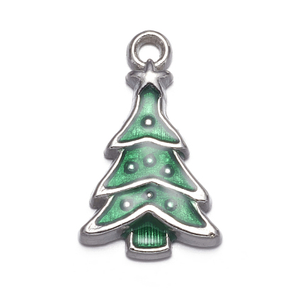 Alloy Enamel Pendants, Lead Free and Cadmium Free, Christmas Tree, Platinum Color