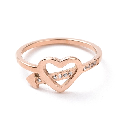 Crystal Rhinestone Heart with Arrow Finger Ring, 304 Stainless Steel Jewelry for Women