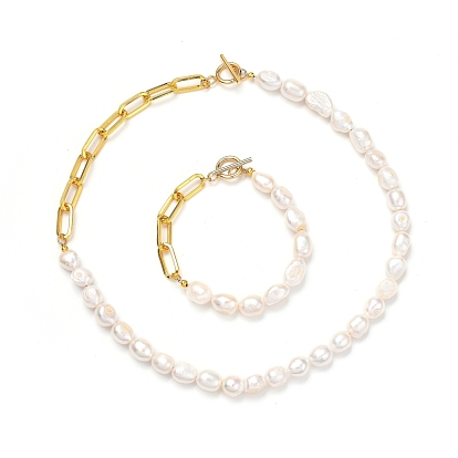 Ensembles de bracelets et colliers de perles keshi en perles baroques naturelles, avec chaînes trombones en fer non soudées et perles à écraser en laiton, 304 inoxydable fermoirs à bascule en acier