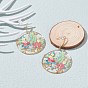 Transparent Epoxy Resin Flat Round with 3D Printed Flower Pattern Dangle Earrings, with Gold Foil, with 316 Surgical Stainless Steel Hooks
