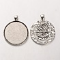 Tibetan Style Alloy Pendant Cabochon Settings, Cadmium Free & Lead Free, Flat Round with Rose Pattern, 46x37x3mm, Hole: 5x7mm, Tray: 35mm, about 101pcs/kg