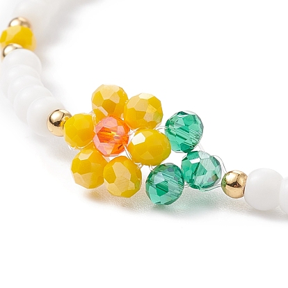 Glass Flower & Shell Pearl Beaded Dangle Earrings Bracelet Necklace, Floral Brass Jewelry Set for Girl Women