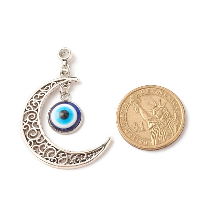 Alloy Hollow Moon 2-Loop Link Big Pendants, with Resin Evil Eye and Alloy Bail Beads, Antique Silver, Cadmium Free & Lead Free