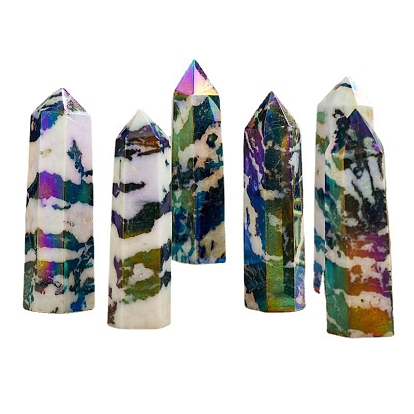 Point Tower Electroplate Natural Zebra Jasper Home Display Decoration, Healing Stone Wands, for Reiki Chakra Meditation Therapy Decors, Hexagon Prism