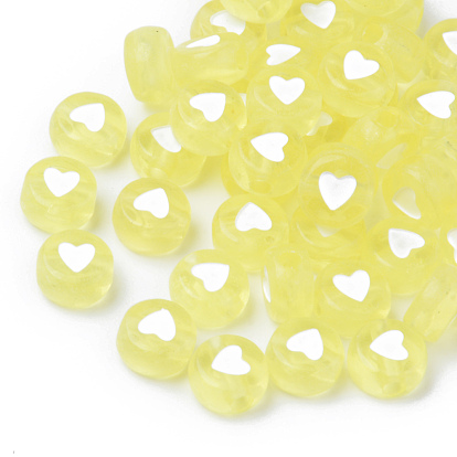 Perles acryliques transparentes, plat rond avec coeur blanc