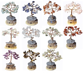 Natural Gemstone Chips Tree Decorations, House Base Copper Wire Feng Shui Energy Stone Gift for Home Desktop Decoration