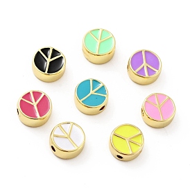 Flat Round with Peace Sign Brass Enamel Beads, Real 18K Gold Plated, Cadmium Free & Nickel Free & Lead Free