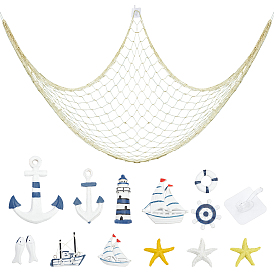 SUPERFINDINGS DIY Mediterranean Style Home Decoration Sets, with Hanging Resin Pendant Decorations, Acrylic Wall Hook Hangers, Wall Stickers Big Fishing Net Decoration