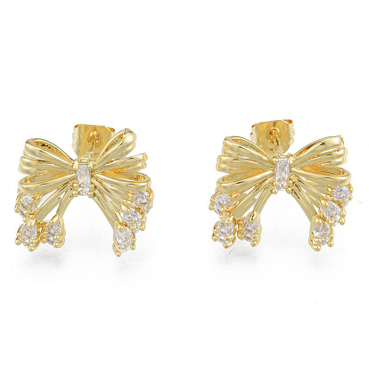 Bowknot Brass Clear Cubic Zirconia Stud Earrings for Women, Nickel Free