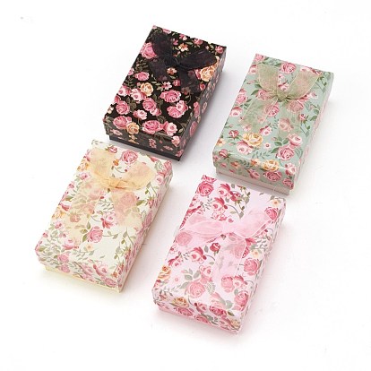 Flower Pattern Cardboard Jewelry Packaging Box, 2 Slot, For Ring Earrings, with Ribbon Bowknot and Black Sponge, Rectangle