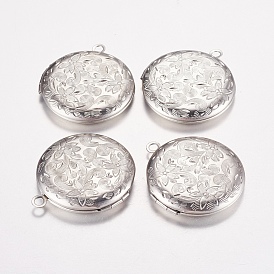 316 Stainless Steel Locket Pendants, Photo Frame Charms for Necklaces, Flat Round with Flower