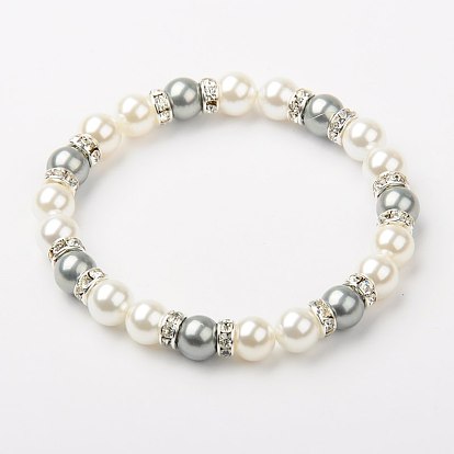 Shell Pearl Bracelets, Beaded Bracelets for Women, Stretchy Bracelets, with Middle East Rhinestones, 55mm