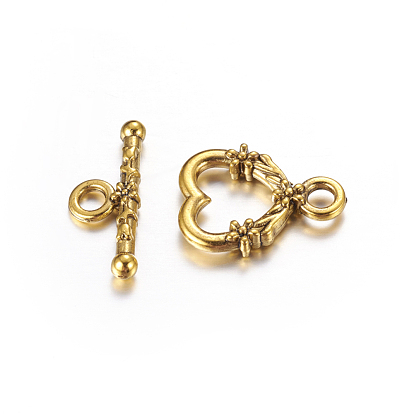Tibetan Style Toggle Clasps, Cadmium Free & Lead Free, Heart: 14mm wide, 18.5mm long, Bar: 21mm long, hole: 3mm
