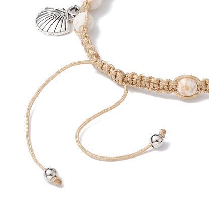 Feather & Turtle & Shell Shape Alloy Charm Bracelet, Synthetical Turquoise Braided Adjustable Bracelet