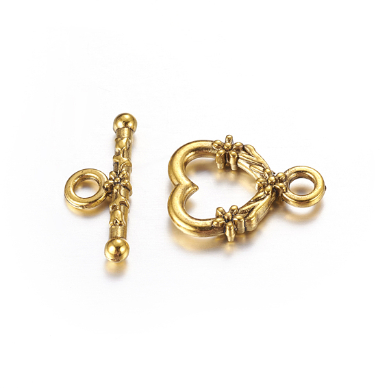 Tibetan Style Toggle Clasps, Cadmium Free & Lead Free, Heart: 14mm wide, 18.5mm long, Bar: 21mm long, hole: 3mm