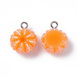 Opaque Resin Imitation Fruit Pendants, Tangerine Charms, with Platinum Tone Iron Loops
