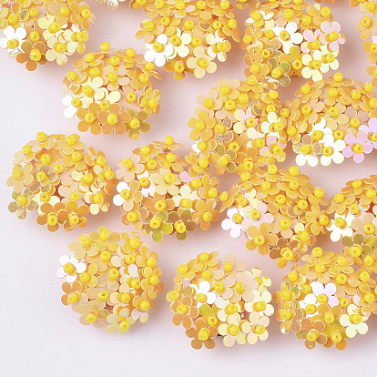 PVC Paillette Cabochons, Cluster Beads, with Glass Seed Beads and Golden Plated Brass Perforated Disc Settings, Flower