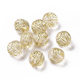 Plating Acrylic Beads, Golden Metal Enlaced, Rectangle with Flower