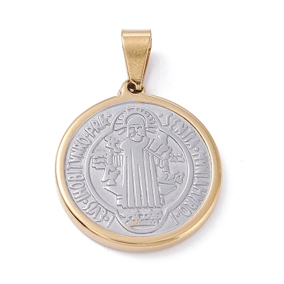 Vacuum Plating 304 Stainless Steel Pendants, Flat Round with Saint Benedict Medal