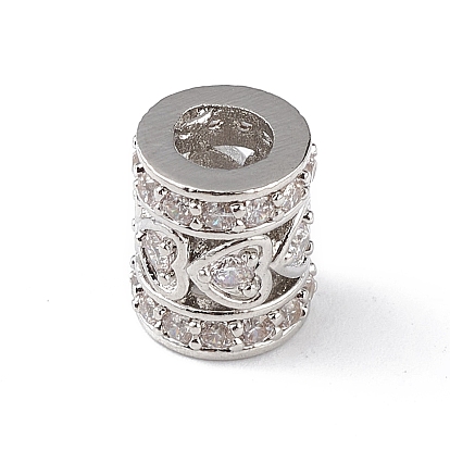 Perlas de estilo europeo de zirconia cúbica transparente con micro pavé de latón chapado en estante, cuenta con hueco grande, sin plomo y cadmio, larga duración plateado, columna