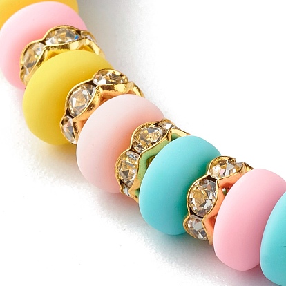 Handmade Polymer Clay Beads Stretch Bracelets, with Brass Rhinestone Spacer Beads and Cross Charm