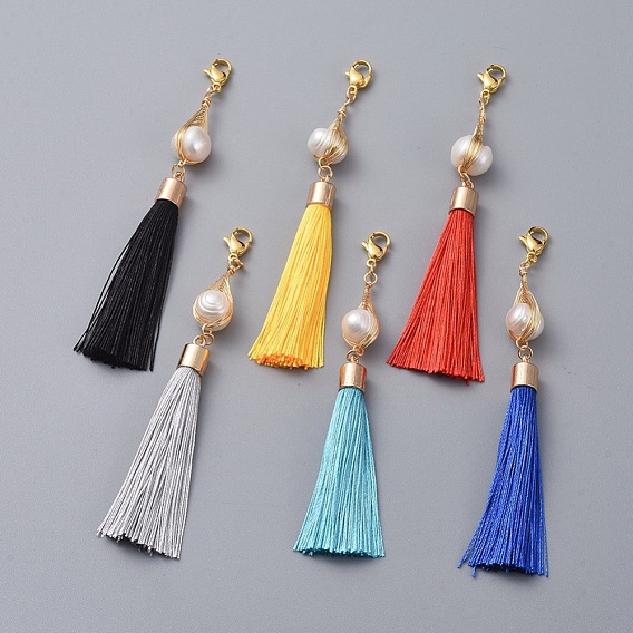 Polyester Tassel Big Pendants, with Natural Cultured Freshwater Pearl and 304 Stainless Steel Lobster Claw Clasps