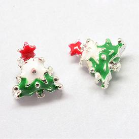 Alloy Enamel European Beads, Christmas Tree, Large Hole Beads, Silver Color Plated