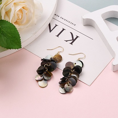 Natural Black Lip Shell Dangle Earrings, Cluster Earrings, with Brass Earring Hoops, Flat Round