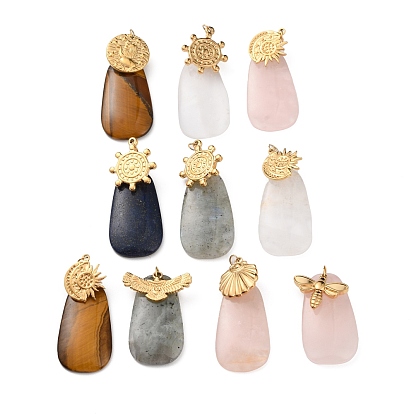 Natural Mixed Gemstone Pendants, Trapezoid Charms with Ion Plating(IP) Golden Plated 304 Stainless Steel Findings