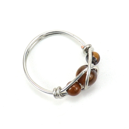 Natural Mixed Gemstone Round Braided Bead Style Finger Ring, Platinum Brass Wire Wrap Ring