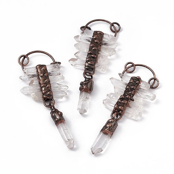 Natural Quartz Crystal Pendants, Rock Crystal Pendants, Faceted Nuggets Charms, with Rack Plating Red Copper Tone Brass Findings, Cadmium Free & Lead Free