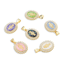 Brass Micro Pave Clear Cubic Zirconia Pendants, with Enamel and Shell, Real 18K Gold Plated, Nickel Free, Oval with Saint