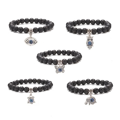 Bracelet extensible à perles rondes en pierre de lave naturelle, breloque en alliage avec bracelet mauvais œil en résine pour femme