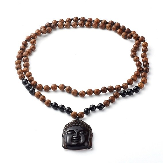 Natural Ice Crystal Obsidian Buddha Head Pendant Necklaces, with Natural Wenge Wood & Natural Obsidian Round Beads