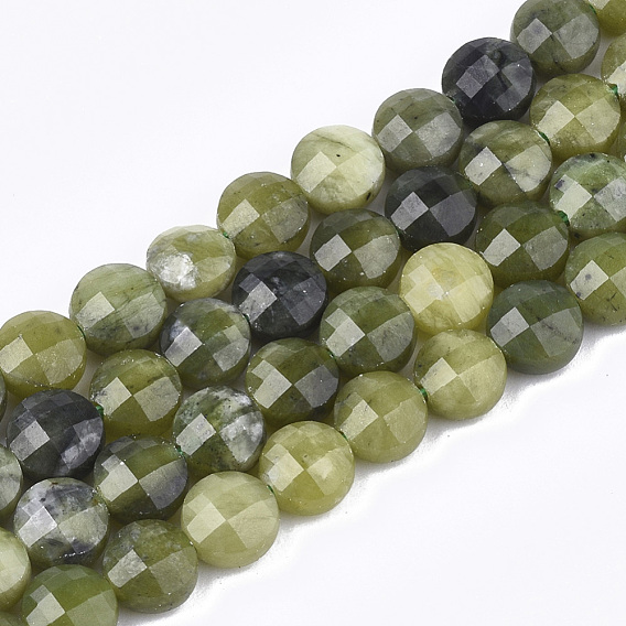Brins de perles de jade canadien naturel, facette, plat rond