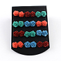 Synthetical Coral Flower Ear Studs, 10x10mm, Pin: 0.8mm, 12pairs/card
