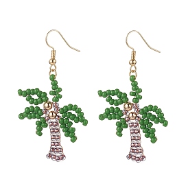 Glass Seed Braided Coconut Tree Dangle Earrings, Golden Tone Brass Long Drop Earrings for Women