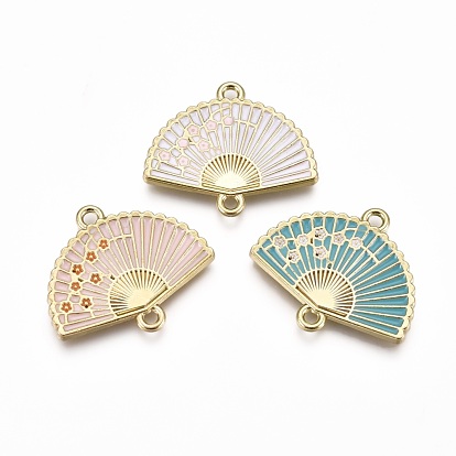 Alloy Links, with Enamel, Folding Fan with Plum Blossom, Light Gold
