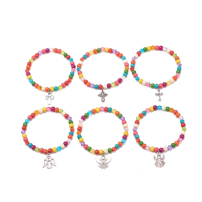 Synthetic Turquoise(Dyed) & Acrylic Beaded Stretch Bracelet with Alloy Charm for Women, Colorful