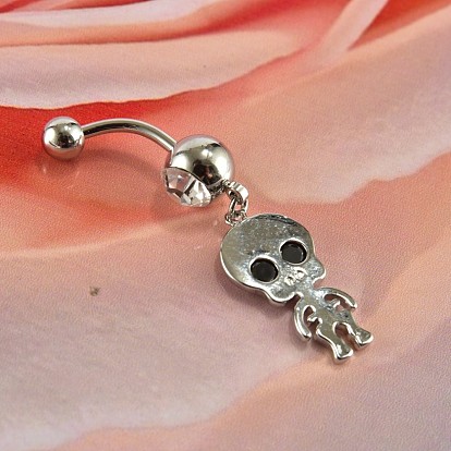 Piercing Jewelry, Brass Cubic Zirciona Navel Ring, Belly Rings, with 304 Stainless Steel Bar, Lead Free & Cadmium Free, Skull