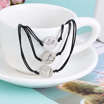 3Pcs 3 Style 430 Stainless Steel Butterfly Link Bracelets Set, Match Adjustable Bracelets for Best Friends Couple Family