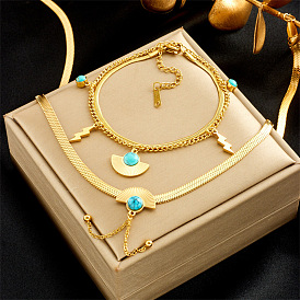 Stylish Fan-shaped Turquoise Pendant Lightning Multi-layer Titanium Steel Chain Bracelet Necklace Set