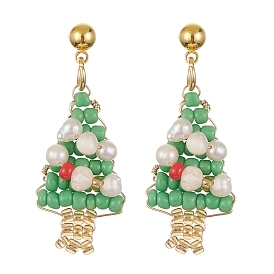 Glass Seed Beaded Christmas Tree Dangle Stud Earrings, Golden Brass Wire Wrap Jewelry