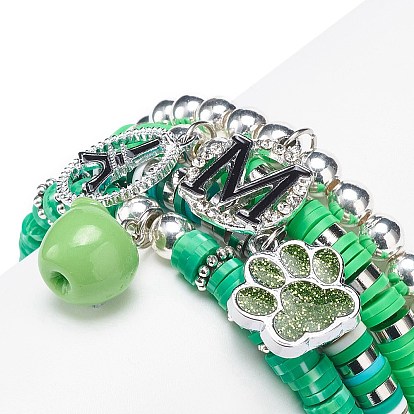 Handmade Polymer Clay Heishi Stretch Bracelet Sets, Alloy Enamel Pendant Charm Bracelets for Women, Dog Claw & Letter M & Apple & Eiffel Tower