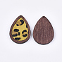 Eco-Friendly Cowhide Leather Pendants, with Dyed Wood, Teardrop with Leopard Print