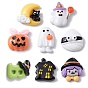 Halloween Theme Opaque Resin Cabochons, Face Mask/House/Ghost/Moon/Mummy/Pumpkin/Witch Pattern