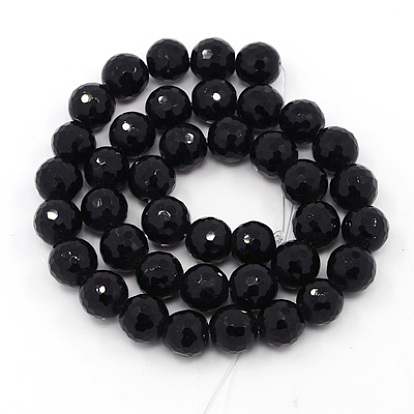 Cuentas sintéticas piedras negras hebras, teñido, ronda facetada (128 facetas), negro